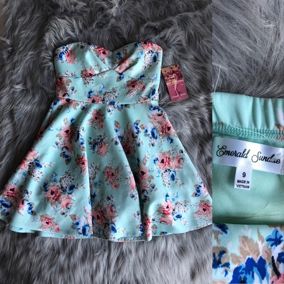 Emerald Sundae Dresses & Skirts - Emerald Sundae Teal Blue Floral Strapless Dress